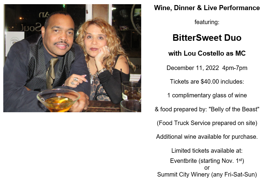 Wine, Dinner & Live Performance featureing: BitterSweet Duo with Lou Costello as MC